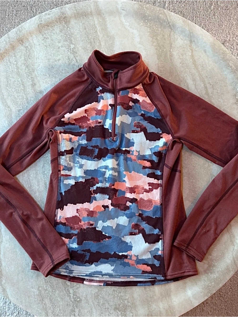 L.L. Bean Maroon Long-Sleeve Quarter Zip Blue & Pink Camo Front